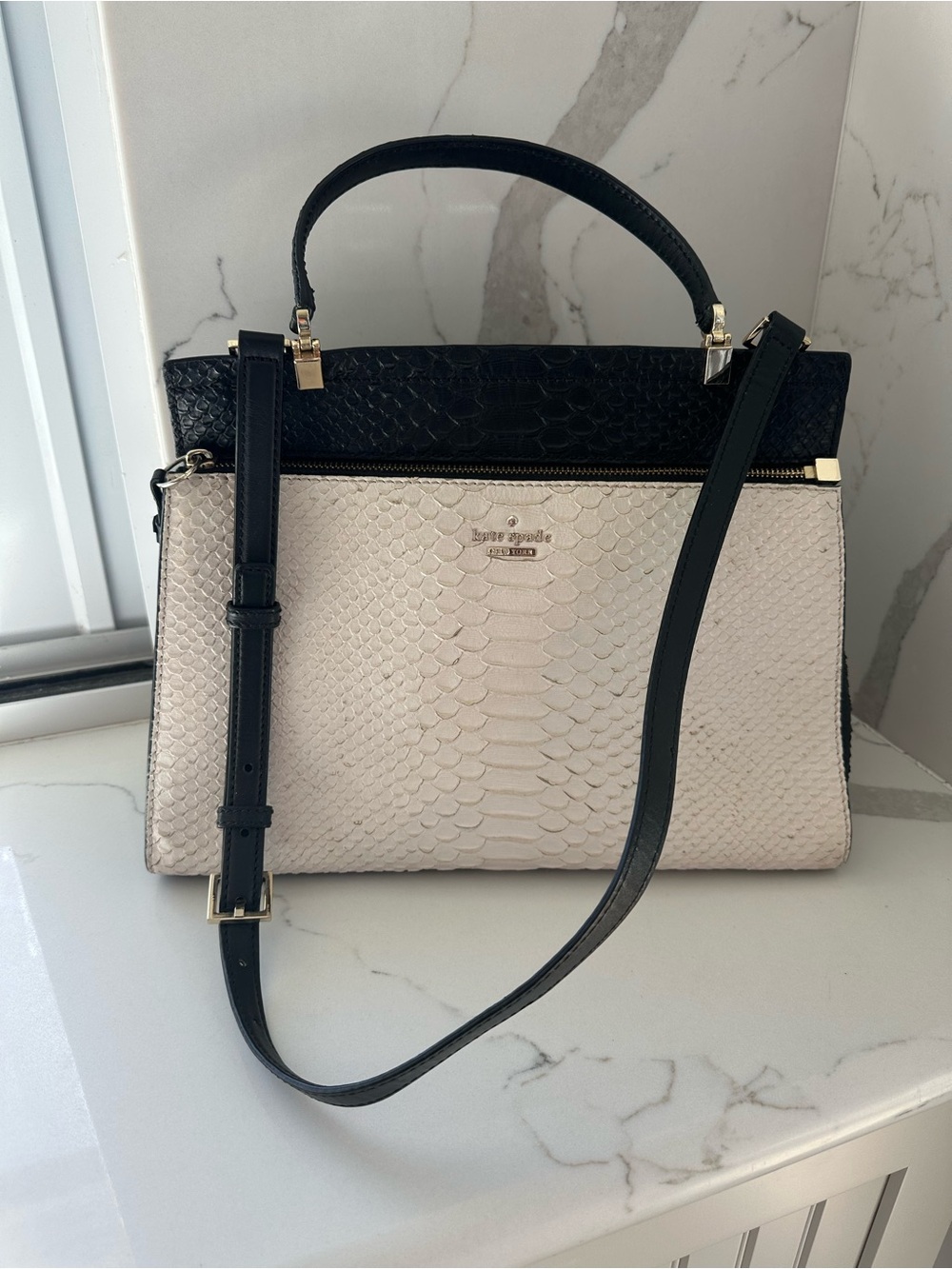Kate Spade Keegan Satchel Bag Cream/Black Faux Snake Python Leather Crossbody